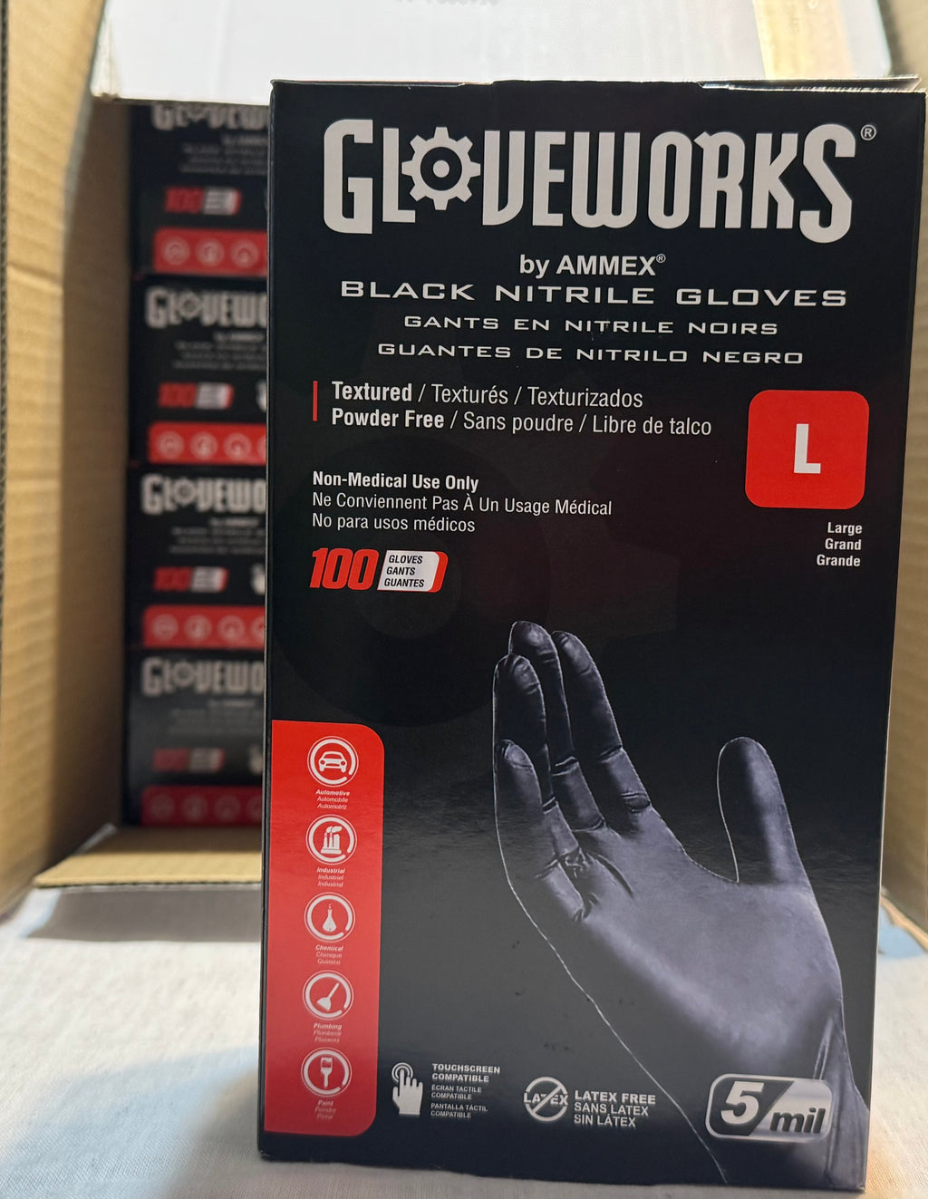 Gloveworks Black Nitrile Gloves - Large (100 Count)