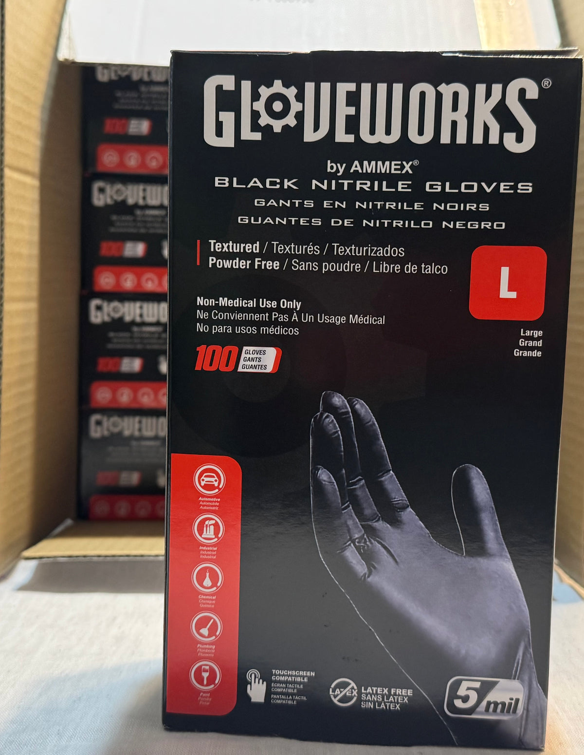 Gloveworks Black Nitrile Gloves - Large (100 Count)