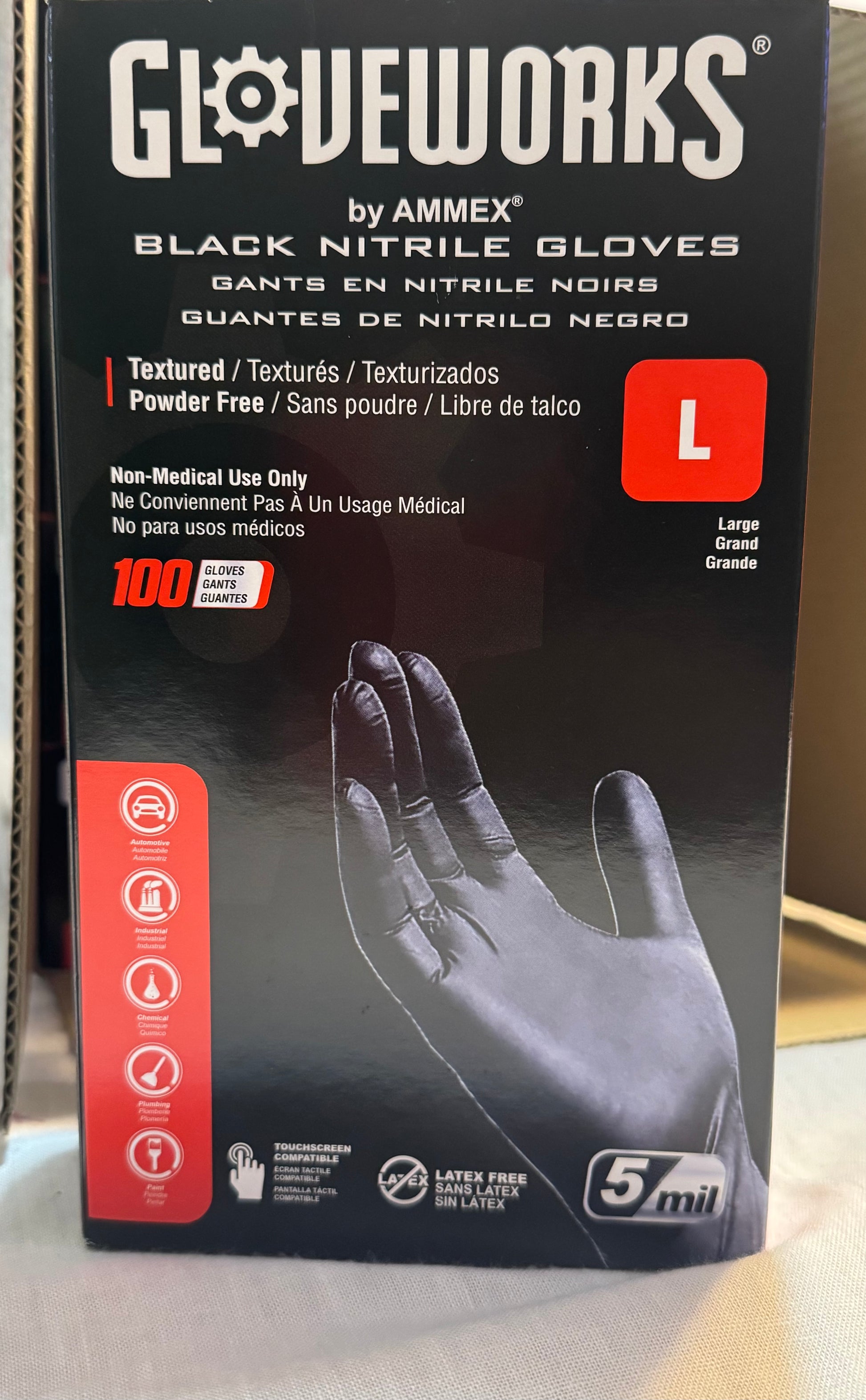 Gloveworks Black Nitrile Gloves - Large (100 Count)