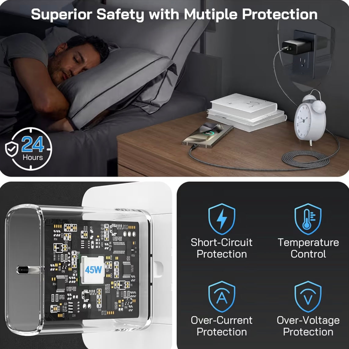 45W USB-C Charger Fast Charger (10FT Cable)