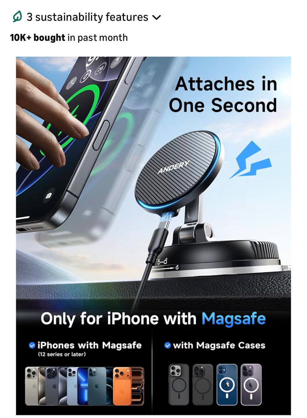 Magnetic car phone mount (15W Fast Charge)