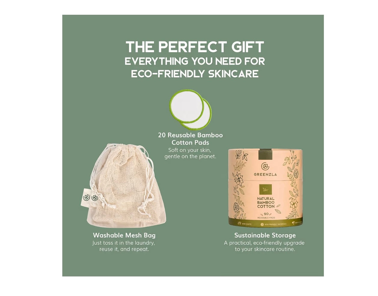 Reusable Makeup Remover Pads (20-Pack, Washable Bamboo Cotton)