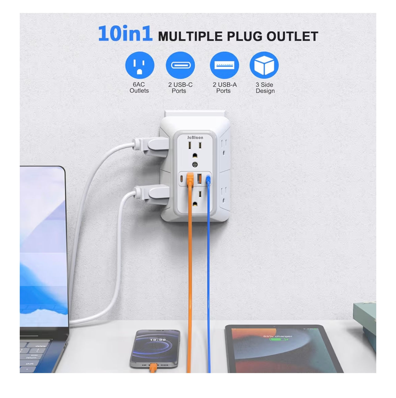 JcBlaon Outlet Extender Surge Protector (6 Outlets + USB Ports)