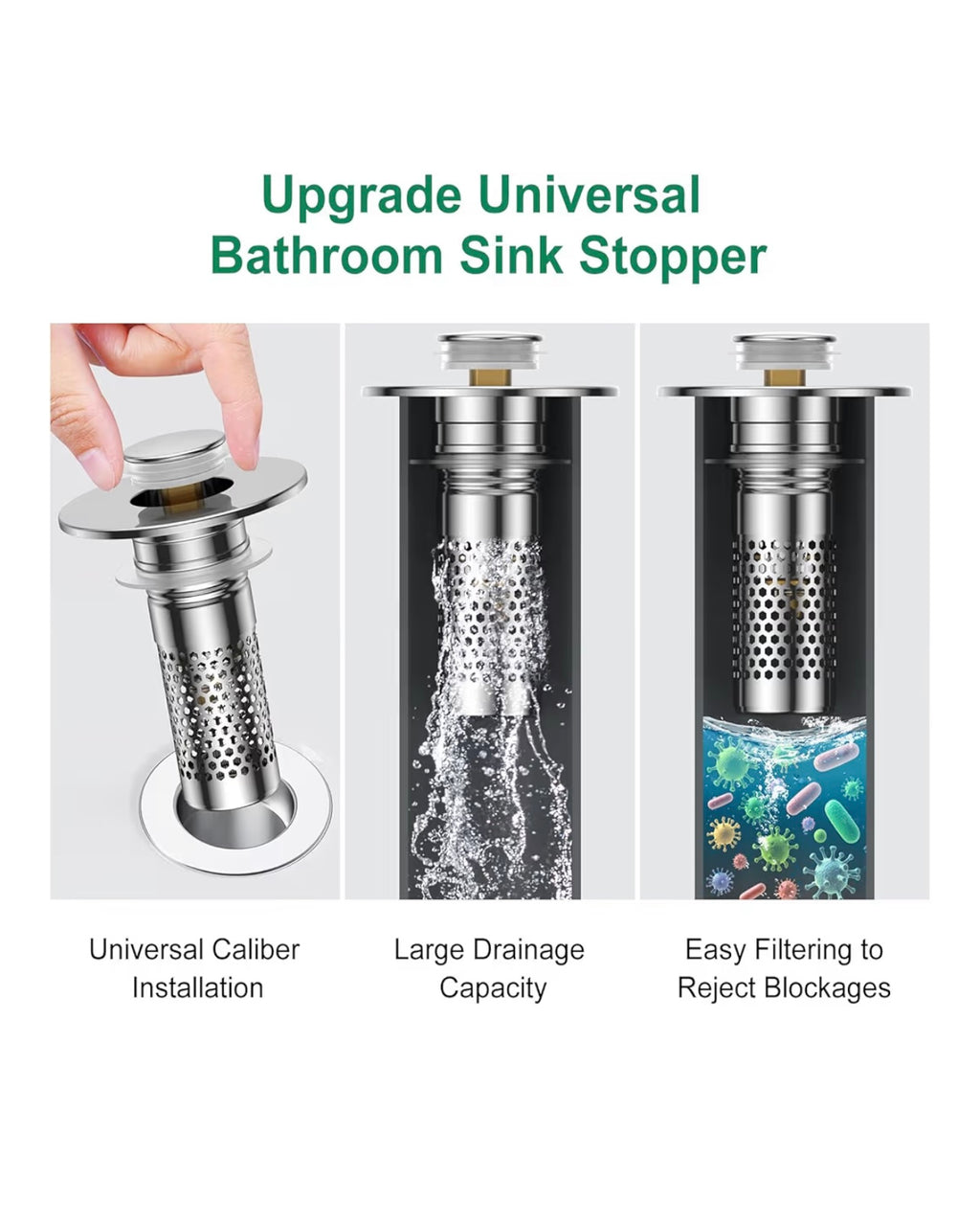 Universal Bathroom Sink Drain Strainer – Stainless Steel Anti-Clog Pop-Up Stopper